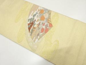 綴れ　地紙に屋敷風景模様織り出し　袋帯